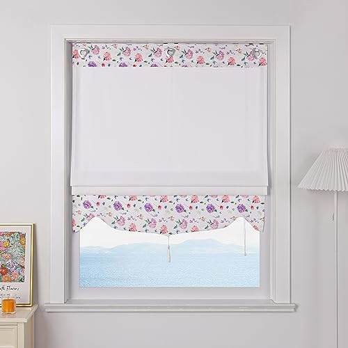 ESLIR Raffrollo ohne Bohren Blickdicht Gardinen Küche Raffgardinen Halbtransparent Rollo mit Ösen Modern Vorhänge Wohnzimmer mit Blumenmuster BxH 100x140cm 1 Stück