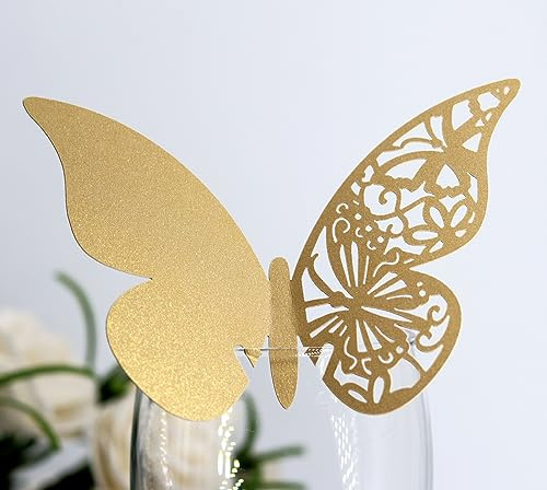 SYSUII 100 segnaposto a forma di farfalla, in vetro, per decorazione da tavolo, per matrimoni, feste, casa, decorazione da tavolo, per bicchieri da vino, tazza, oro