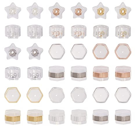 PandaHall 64 tuercas de silicona transparentes para pendientes, parte trasera de seguridad, estrella hexagonal, tapones de goma para aretes, joyería