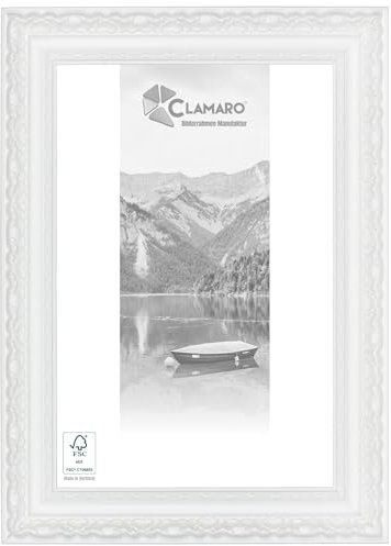 CLAMARO 'OTTO' Bilderrahmen Antik (DIN A3) 29,7x42 Massivholz | Weiss matt | 80 mm breite Shabby Chic Vintage Barock Leiste | Holzrahmen inkl. Acrylglas, Rückwand, Metall Aufhänger