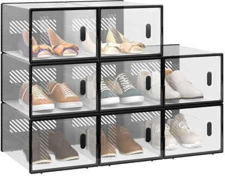 WOLTU Schuhbox stapelbar, 8er Set, Schuhkarton mit magnetischer Tür, Kunststoffbox für Schuhaufbewahrung, Faltbarer Schuhorganizer, 35x19x25 cm, transparent schwarz