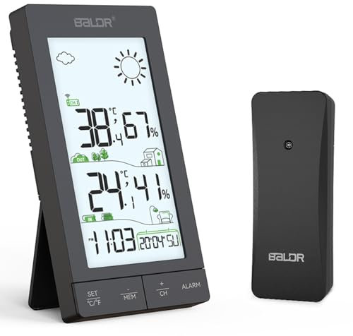 Stazione Meteo con Sensore Esterno, Stazione Meteo con Display LCD 6,0”, Termometro Interno ed Esterno, Igrometro, Previsioni Meteo, Luce notturna, Sveglia, Funzione Snooze