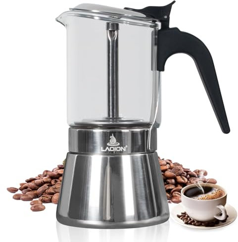 LAOION Stovetop Espresso Maker, 9Cup 360ml Moka Pot, Crystal Glass-top & Stainless Steel Coffee Maker Mocha Pot, Greca De Cafe, Cuban and Italian Coffee Maker for Cafetera Cubana