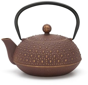 Kleine Guss-Teekanne 0.9 Liter Induktion - violette asiatische Gusskanne mit Henkel & Edelstahl-Tee-Filter Sieb-Einsatz - optimal für lose Teesorten