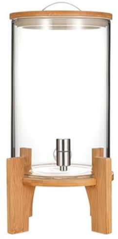 Glass Drink Dispenser, 5L Drink Dispenser with Stand, Wooden Base and Vent Hot Cold Juice Jar Beverage Silicone Ring Leak-proof Easy To Clean for Parties, Bar, Wedding