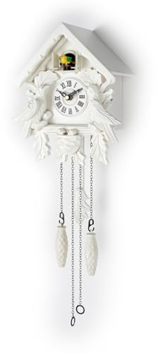 TIMEGEAR Cuckoo Clock with Night Mode, Wooden Decorations and Swinging Pendulum (White)