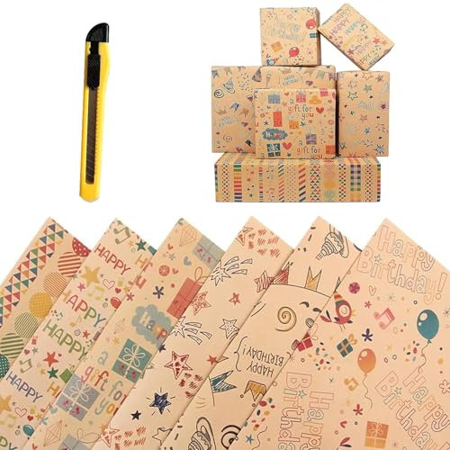 6 Feuilles Papier Cadeau Papier Anniversaire d'emballage, Rouleau de Papier Cadeau, Papier Emballage Cadeau, Feuilles Kraft Rouleau, 70x50cm, pour Femme Fille Bebe Homme Garcon Enfant