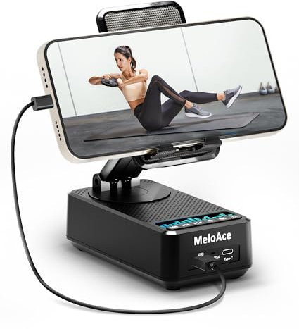 Meloace Bluetooth-Lautsprecher mit Handy-Ständer, kristallklarer Klang mit kraftvollem Bass, verstellbarer Halterung und dynamischen LED-Lichtern, 5000 mAh Akku für 20 Stunden Spielzeit