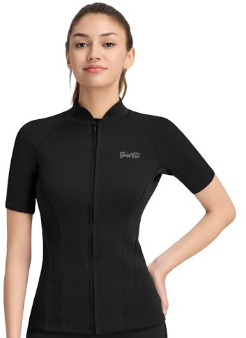 GoldFin Women Wetsuit Top, Womens Short Sleeve Wet Suit Jacket Neoprene Front Zip 2mm Swim Jackets Scuba Swimming Diving Snorkeling Water Aerobics, Black, Large