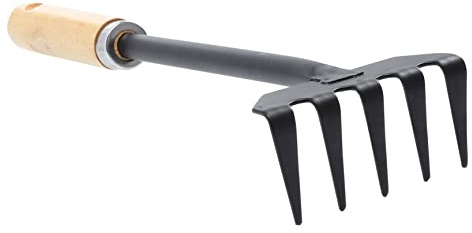 FONDOTIN Mini Râteau de Jardin en Fer 5 Dents Manche en Bois pour Jardinage Manuel, Ameublissement du Sol et Désherbage, Outil Robuste pour Entretien du Sol en Extérieur