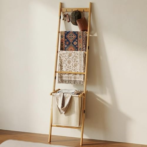 BAMBANG Bamboo Blanket Ladder with Basket, 5-Tier Quilt Rack Stand with 4 Hooks & Storage Hamper for Living Room Bathroom, Wall Leaning Decorative Ladder Shelf for Blankets Display (Natural)