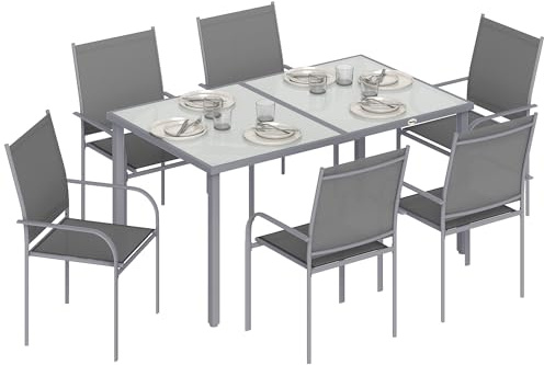 Outsunny Set da Giardino 7 Pezzi con Tavolo da Pranzo in Vetro Temperato e 6 Sedie in Alluminio con Tessuto a Rete, Grigio