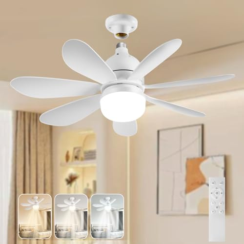 LEONTYNE Quiet 50cm Smart Ceiling Fan with Light and Remote,4-Speed 7-Blade Design, 1000LM Dimming E27 Screw in LED Bulb Fan Light for Bedrooms Kitchen & Small Spaces