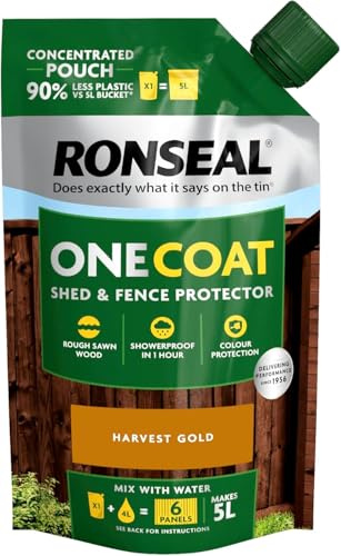 Ronseal One Coat Shed and Fence Protection Mix with Water Makes 5 litres of Paint for Effortless Coverage & Long Lasting Protection Harvest Glod Pouch 950ml