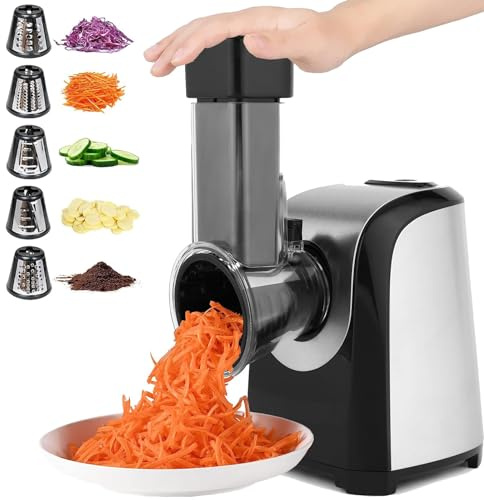 COOCHEER Gemüseschneider Elektrisch, Profi 150W Gemüsehobel Edelstahl Gemüsereibe Multireibe mit 5 Schneidetrommeln für Obst, Gemüse& Käse