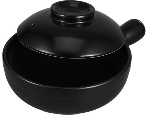 Hemobllo Olla De Barro Para Arroz 900 Ml Con Tapa y Asa Negro, Cazuela De Cerámica Resistente Alta Temperatura Para Cocinar Guisos y Sopas Tradicionales, Uso Profesional y Hogar