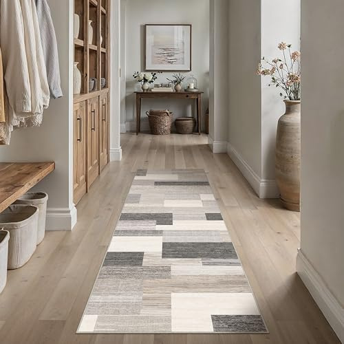 PureCozy Läufer Flur Teppich 60x180cm Beige Teppichläufer Küche Moderne Weich Carpet Waschbarer rutschfest Teppiche Bettvorleger Schlafzimmer BüRo Kurzflor Geometrisches Patchwork