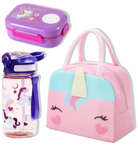 Vexthorion Capybara Lunch Bag Set 3 Pcs, Bento Box & Leak Proof Water Bottle with Straw for Adults,Insulated Thermal Food Carrier Bag for Office School Picnics, Leak-Proof BPA Free Brown (Unicorn-2)
