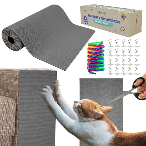 PEPPER® Alfombra Rascador para Gatos + Pines de Fijación + Juguete + Tijeras | Protector Sofa Gatos Arañazo | Ideal para Evitar Arañazos en Sofás y Muebles | Tapete Autoadhesivo 40x200cm
