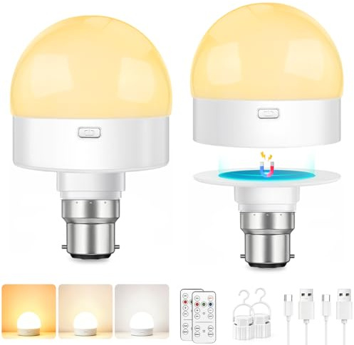 Morotty Bombilla Recargable, Bombillas B22 Con Base MagnéTica Desmontable, Mando A Distancia Y Temporizador Para LáMparas Sin Cableado, LáMparas De Mesa Y LáMparas De Noche, Pack de 2
