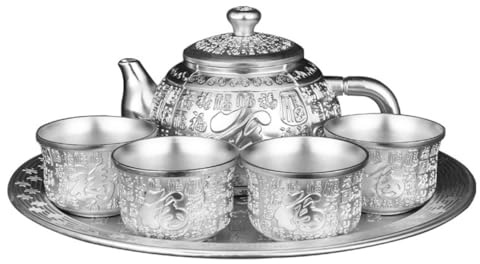 NUOBESTY Ensemble de Théière en Alliage de Zinc Doré la Main 1,8 Cm 4 Tasses et Plateau Argenté pour Dégustation de Thé, Saké et Spiritueux, Service à Thé Chinois pour Maison, Bar