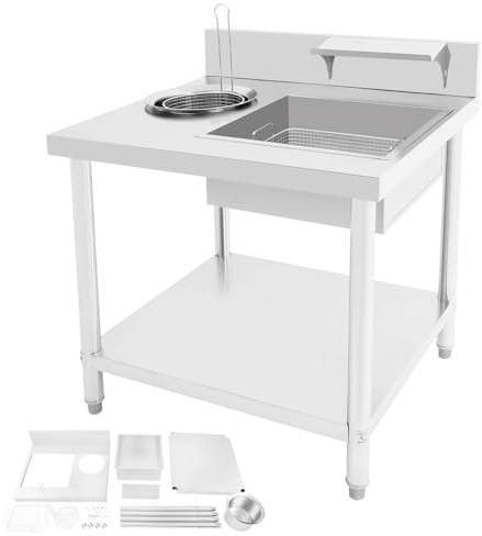 ROGONPDK Frittiertes Hähnchen Zubereitungstisch, Gewerbliche Frittiertes Arbeitsplatte, Paniertisch, 80cm Hähnchen Panierstation mit 2 Becken und 2 Korb, Edelstahl Zubereitungstisch
