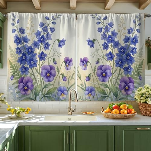 Cortinas de cocina con diseño floral de helecho de campanilla azul primavera violeta para ventanas pequeñas, decoración de ventana para fregadero, comedor, baño, 42 x 45 pulgadas