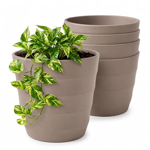 Lizzy 4 Pack Plastic Plant Pots 20cm | Round Flower Pots with Ribbed Design Indoor Outdoor Plant Pots Heavy Duty Garden Planters for Plants Flowers Herbs Stylish Sand Pots