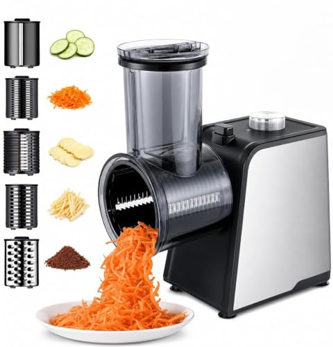 Electric Cheese Grater and Vegetable Cutter Slicer, 5-in-1 Design with 5 Stainless Blades, One-Touch Operation for Easy Food Preparation at Home Kitchen