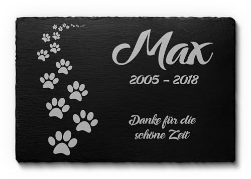 CHRISCK design Tier Grabstein Hund Katze mit Gravur - Gedenkstein Hunde Katzen aus Schiefer - wetterfester Gravurschutz! Gedenktafel Grabschmuck Grabdeko Tiere - 22x14 cm oder 30x20 cm