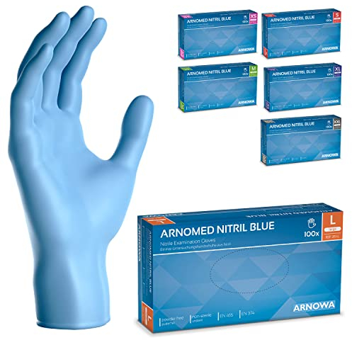 100x ARNOMED® Guantes nitrilo talla L Azul, Guantes desechables quirurgicos y laboratorio, Luvas nitrilo descartaveis sin polvo y látex, Manoplas nitrilo en XS, S, M, L, XL, XXL
