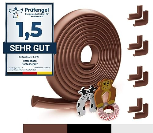 Hoffenbach Kantenschutz Baby aus Schaumstoff – 6,2m Tischkantenschutz & 12x Eckenschutz – Tischecken Kindersicherung – Selbstklebender Schutz für Kinder, Bett, Fensterbank & Schreibtisch – Braun