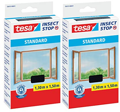 tesa Insect Stop STANDARD Fliegengitter für Fenster - Insektenschutz zuschneidbar - Mückenschutz ohne Bohren - Fliegen Netz anthrazit (1,3m:1,5m (1,3m:1,5m (2er Pack), Anthrazit (Durchsichtig))