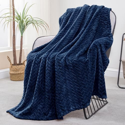 Exclusivo Mezcla Coperta Plaid Pile di Flanella per Divano, 130x170 CM Coperta Letto Singolo con Modello a Foglie, Morbida e Calda, Blu navy