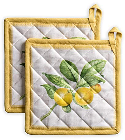 Maison d' Hermine Pot Holders set 100% Cotton Heat Resistant Potholders 20 cm x 20 cm Hot Pads with Loop BBQ, Cooking, Baking, Grilling, Handling Hot Pans Spring/Summer (Pack of 2, Limoncello)
