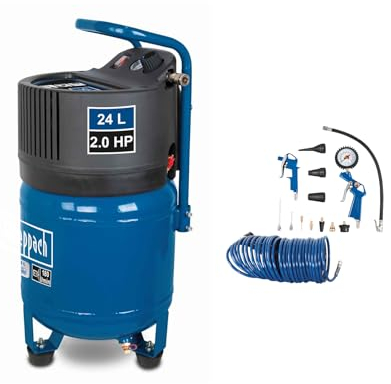 Scheppach Druckluft Kompressor HC24V Luftkompressor stehend inkl. 13 tlg. Zubehörset + 10m Schlauch | 24L Kessel | 1500W Leistung | 10bar Arbeitsdruck | 180L/min Ansaugleistung | ölfrei & wartungsarm