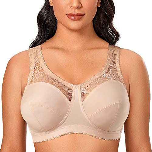 Ayigedu Ladies Plus Size Bra Minimiser Lace Bra Non-Wired Non-Padded Full Coverage Everyday Bra 38G Beige
