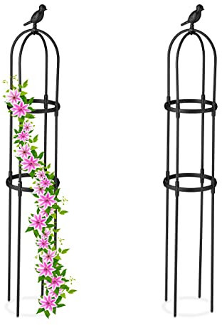 Relaxdays Rankhilfe Obelisk, 2er Set, 126 cm hoch, Ranksäule, Kletterpflanzen, Metall, freistehend, Rosenturm, schwarz