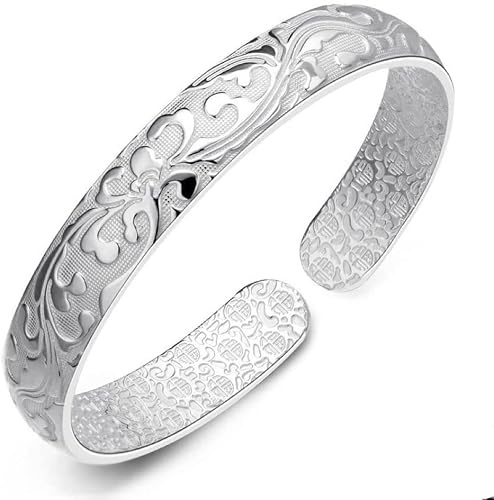 KFRS Silver Bracelet Bangle for Women, Silver Bangles with Carved Flower, Fashion Cuff Bangle Chain Bracelets, Delicate 925 Silver Plated Women Jewelry