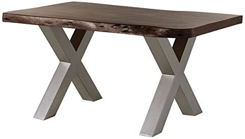 MASSIVMOEBEL24.DE | Baumtisch Akazie Freeform 5 - Verschiedene Größen, Gestelle und Farben, Farbe:braun lackiert, Größe:140x90 cm, Gestell:X-Beine Silber matt