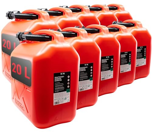 KOVA 10x Benzinkanister 20L ROT Kunststoff Dieselkanister Reservekanister Kraftstoffkanister 20 Liter Wasserkanister für Benzin Diesel Wasser AdBlue 20-Liter-Kanister & Außgießer 20 ltr Petrol Can