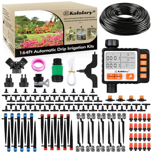 Kalolary Drip Irrigation Kit, 164 Ft Adjustable Garden Watering System with Timer, 133 PCS Blank Distribution Watering Drip Tubing Kits for Patio Lawn Garden Greenhouse Flower Bed