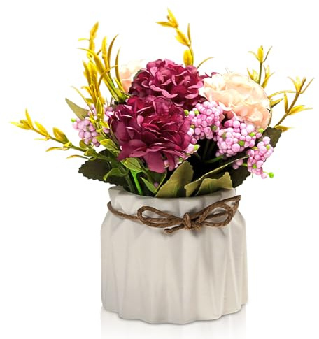 Cyrank Décor de Fleurs en Pot, Fausses Fleurs avec Vase Bouquet de Fleurs artificielles en Pot Hortensia avec Vase pour Maison Ferme Bureau Rebord de fenêtre centres de Table décor d'étagère(Blanche)
