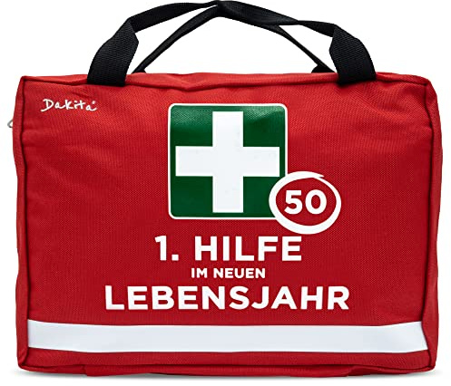 Dakita Erste-Hilfe Tasche zum 50. Geburtstag – Lustiges Geschenk für Männer & Frauen – 28×18×8 cm – rot, ohne Inhalt