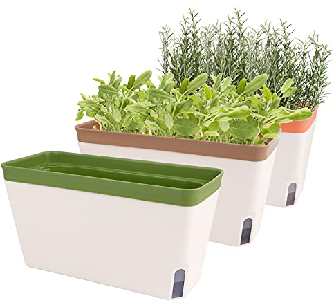 Fayavoo Self Watering Plant Pots, Set of 3 10.5 Inch Rectangular Windowsill Herb Planter Box, Modern Plastic Flower Pots for Indoor Outdoor Garden Office Patio, Planters with Drainage Hole Hidden Tray