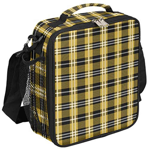 Lonchera clásica a cuadros amarillos y negros, lonchera geométrica aislada, bolsa térmica con correa de hombro ajustable extraíble para mujeres, hombres, oficina, picnic