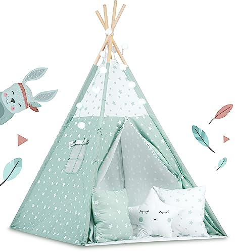 Nukido Tipi tält för barn tepee girlang kudde – tält – barntält – barnhus – lektält – barntält för inomhus och utomhus – lekmatta barn – vit – grön