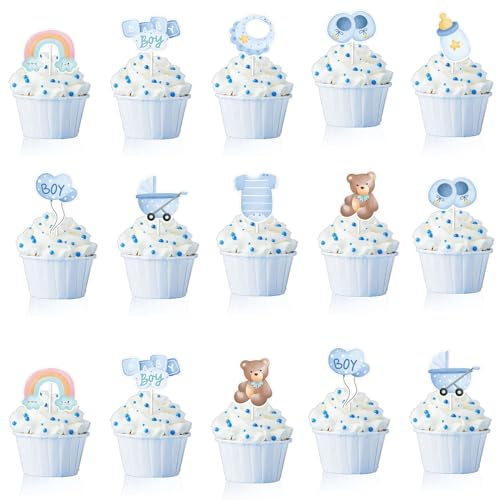 ALEGRE Babyparty tårtdekoration dop pojke, 18 stycken cupcake-toppar, pojkkakdekoration, shower könsfest, muffinsblå för dop, babyparty