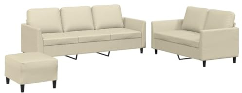 vidaXL Sofagarnitur 3-TLG., Sessel Couch mit Kissen Fußhocker, Sofa Wohnzimmersofa mit Armlehnen, Couchgarnitur Designsofa Sitzmöbel Polstermöbel, Creme Kunstleder
