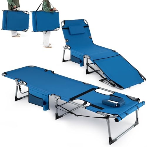 COSTWAY Solstol med hål för huvud och armar, vikbar trädgårdsfåtölj med justerbart ryggstöd och fotdel, avtagbar kudde, sidoficka, liggstol för strand, trädgård, balkong (blå)